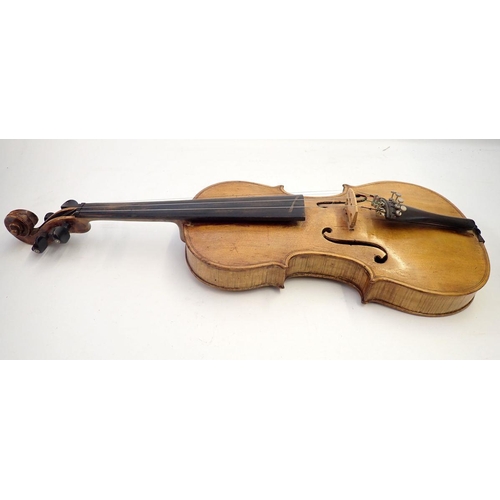 820 - A 19th century German violin in fitted case, 14 inch back, with label after Stradivarius