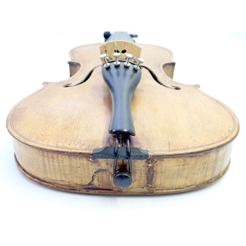 820 - A 19th century German violin in fitted case, 14 inch back, with label after Stradivarius