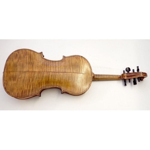 820 - A 19th century German violin in fitted case, 14 inch back, with label after Stradivarius