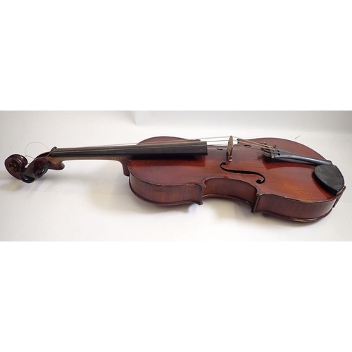 821 - A 19th century German violin and bow in fitted case, 14 3/8