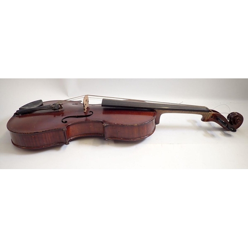 821 - A 19th century German violin and bow in fitted case, 14 3/8