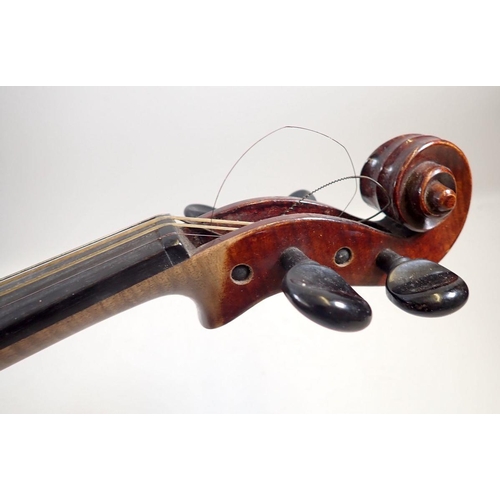 821 - A 19th century German violin and bow in fitted case, 14 3/8