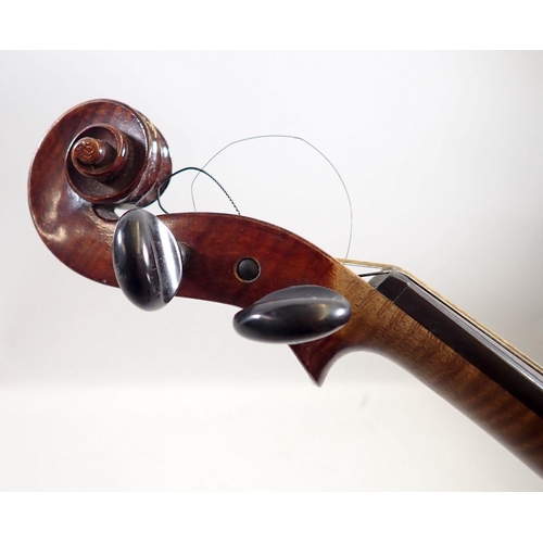 821 - A 19th century German violin and bow in fitted case, 14 3/8