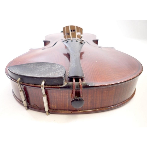 821 - A 19th century German violin and bow in fitted case, 14 3/8