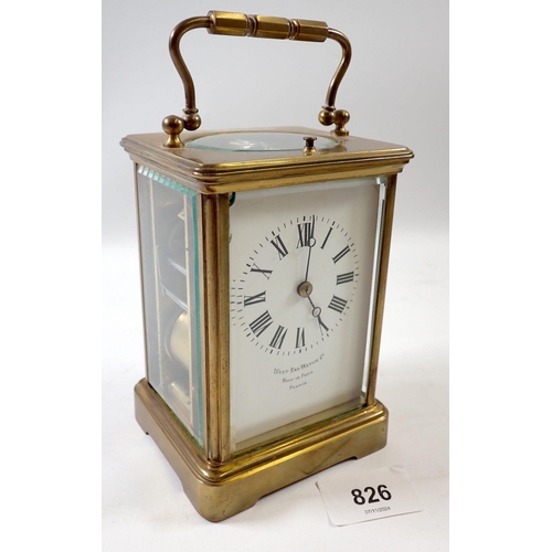 826 - A 19th century French striking brass cased carriage clock retailed by West End Watch company, 13cm t... 