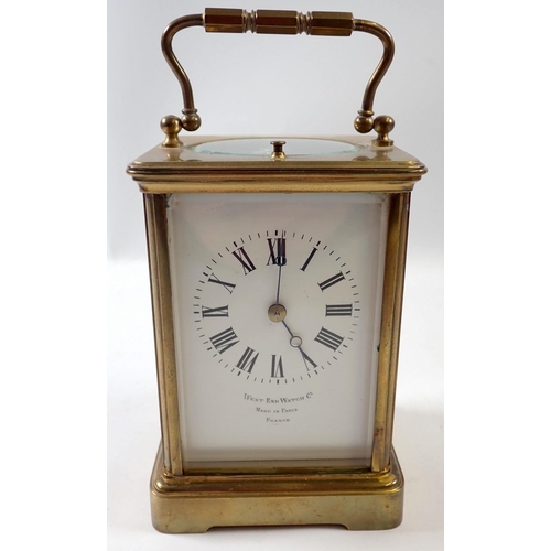 826 - A 19th century French striking brass cased carriage clock retailed by West End Watch company, 13cm t... 