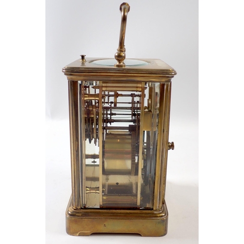 826 - A 19th century French striking brass cased carriage clock retailed by West End Watch company, 13cm t... 