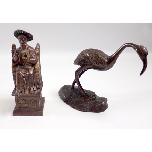 829 - A Chinese bronze crane plus a Vatican tourist piece of Saint Peter, 11cm tall (2)