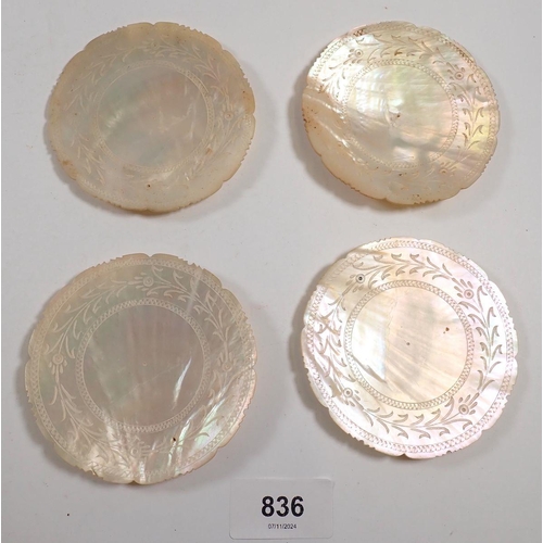 836 - Four Burmese mother of pearl small dishes with engraved decoration, 8.5cm diameter