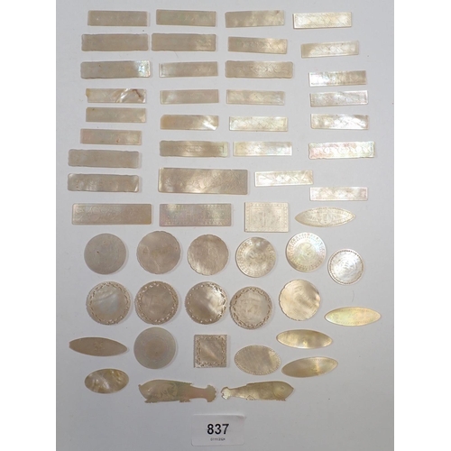 837 - A collection of over 50 mother of pearl Chinese engraved gaming tokens including fish examples