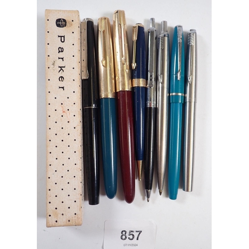 857 - Two Parker fountain pens and two biros plus various other pens