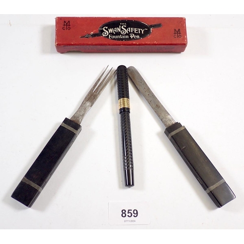 859 - A Swan safety fountain pen with applied presentation boxed and a set of ebony handled military offic... 