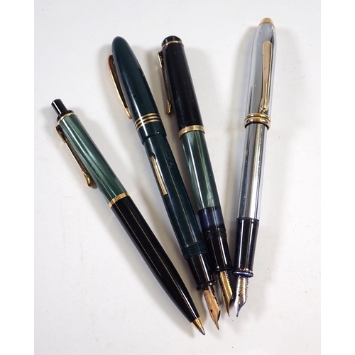 861 - A Pelikan matching fountain pen and ballpoint pen in black and green plus a Cross and a Bayard fount... 