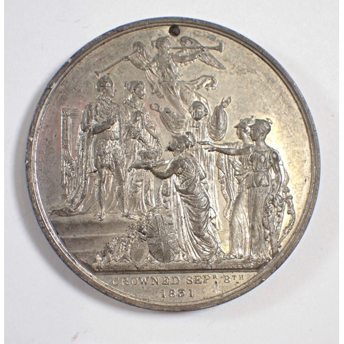 864 - A William IV white metal coronation medal, crowned September 8th 1831, 55mm diameter