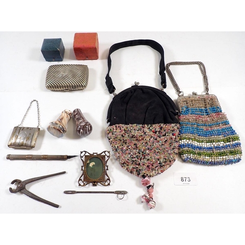 873 - A box of various collectables including beaded purses etc.