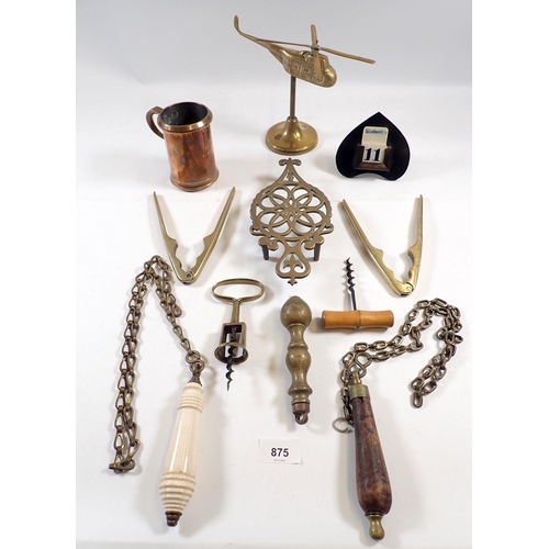 875 - A brass 1/2 pint measure and various other brass and collectables including corkscrews etc.