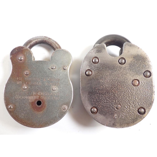 894 - Two antique padlocks and keys, largest 10.5cm