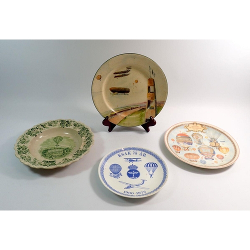 92 - A Doulton plate painted zeplin, aeroplane and balloons, 27cm diameter and various other balloon rela... 