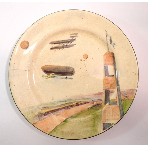 92 - A Doulton plate painted zeplin, aeroplane and balloons, 27cm diameter and various other balloon rela... 