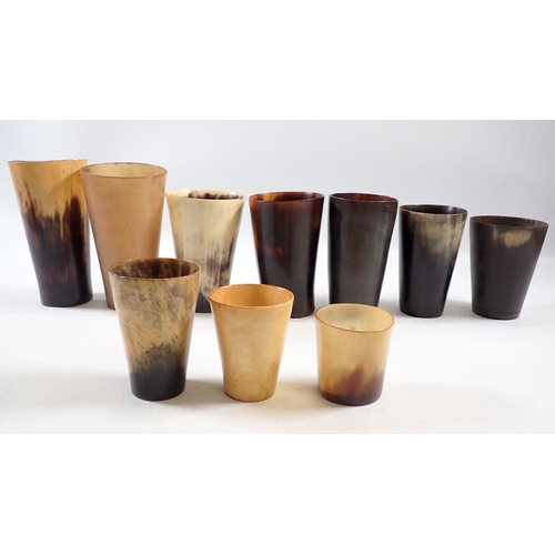 926 - Ten various horn beakers, largest 13.5cm