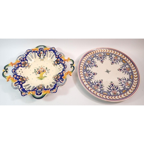 93 - A Fait Main Faience charger, 37cm wide together with a painted charger, 33cm