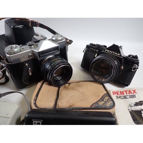 938 - A box of old cameras including Pentax, Zenith etc plus Carl Zeiss 70/200 telephoto lens