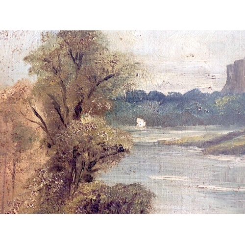 946 - Oil on canvas river landscape with cliffs and cattle in the water, monogrammed MC, 26 x 37cm