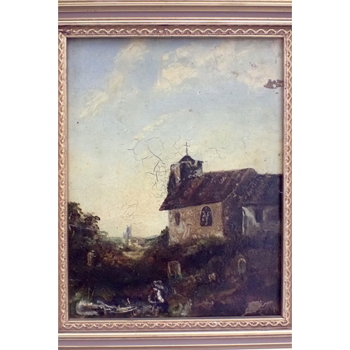 949 - A pair of 19th century continental oil on board landscapes with churches, 19 x 14cm