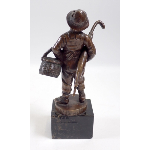 955 - R W Lange (1879-1944) - bronze boy with basket and umbrella on marble base, 15cm tall