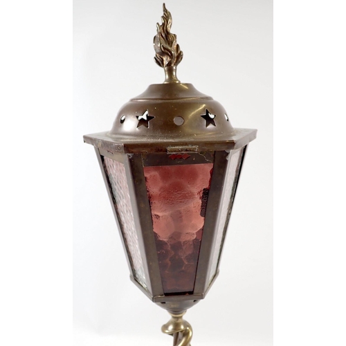 960 - A brass lantern form table lamp with coloured glass and wrythen twist stem, 50cm tall