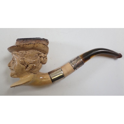 965 - A large amber and meerschaum pipe with carved ladies head wearing a hat and silver mounts, Birmingha... 