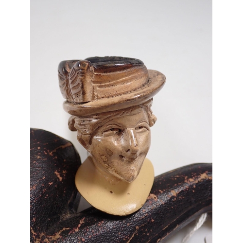 965 - A large amber and meerschaum pipe with carved ladies head wearing a hat and silver mounts, Birmingha... 