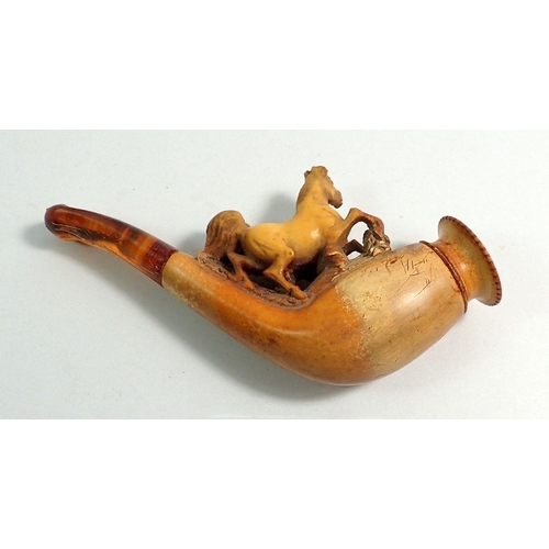 970 - An amber and meerschaum cheroot holder carved two prancing horses - cased