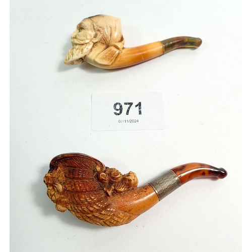 971 - Two amber and meerschaum cheroot holders, one in the form of conch shell with white metal mount, one... 