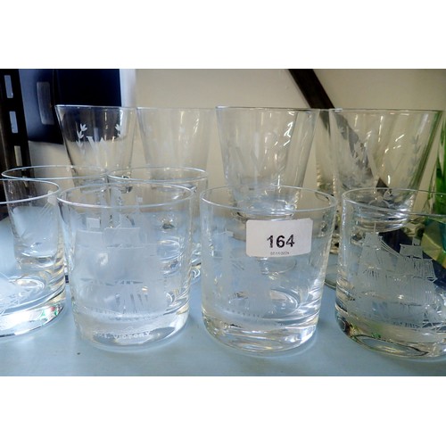 164 - A set of six glass whisky tumblers each engraved named sailing ship and six large wine goblets by Br... 