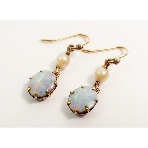 469 - A pair of 9 carat gold opal and pearl pendant earrings, 2.5cm drop