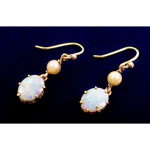 469 - A pair of 9 carat gold opal and pearl pendant earrings, 2.5cm drop