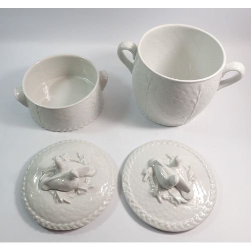 106 - Two Royal Worcester white Gourmet oven to tableware casserole dishes with bird finials