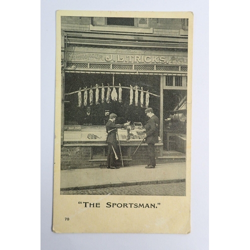 1062 - A collection of miscellanous postcards including Butchers Shop Window - J L Tricks 'The Sportsman', ... 