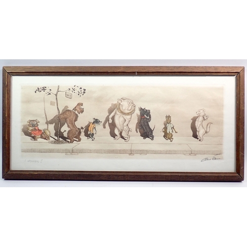 1077 - Boris O'Klein - hand coloured print Dirty Dogs of Paris, signed in pencil, 16 x 43cm