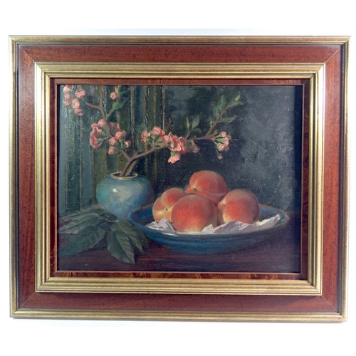 1079 - Harold Wilson - oil on board still life peaches and blossom in a vase, 27 x 36cm