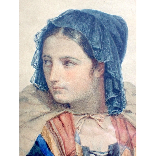 1081 - A Victorian watercolour portrait of a young woman in cloak, with provenance to reverse, 18 x 16.5cm