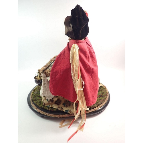 1082 - A large Victorian wax headed peddler doll with tray of wares, under glass dome, approx 48cm