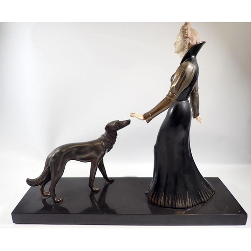 1086 - Salvatore Melani - Art Deco bronze finish group with elegant lady and greyhound on a marble base, 55... 