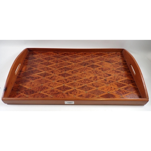 1087 - A rectangular tray with marquetry trellis decoration, 59 x 35cm