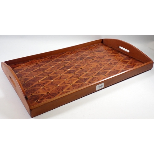 1087 - A rectangular tray with marquetry trellis decoration, 59 x 35cm