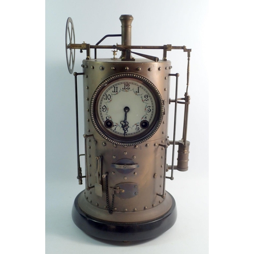 1089 - A French Industrial style brass novelty vertical steam boiler mantel clock, 42cm tall