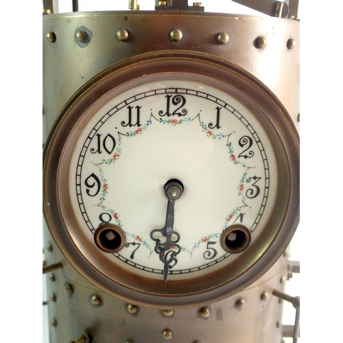 1089 - A French Industrial style brass novelty vertical steam boiler mantel clock, 42cm tall