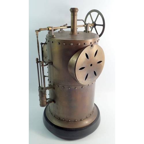 1089 - A French Industrial style brass novelty vertical steam boiler mantel clock, 42cm tall