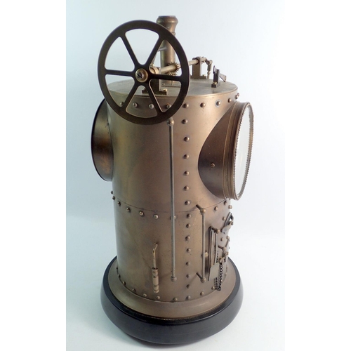 1089 - A French Industrial style brass novelty vertical steam boiler mantel clock, 42cm tall